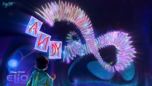 Alien-coded cards in Elio spelling out ANDY and PIXAR
